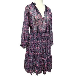 Ulla Johnson Ollie Dress Size 4 Navy Pink Sleeves Floral Peasant Mini 100% Silk